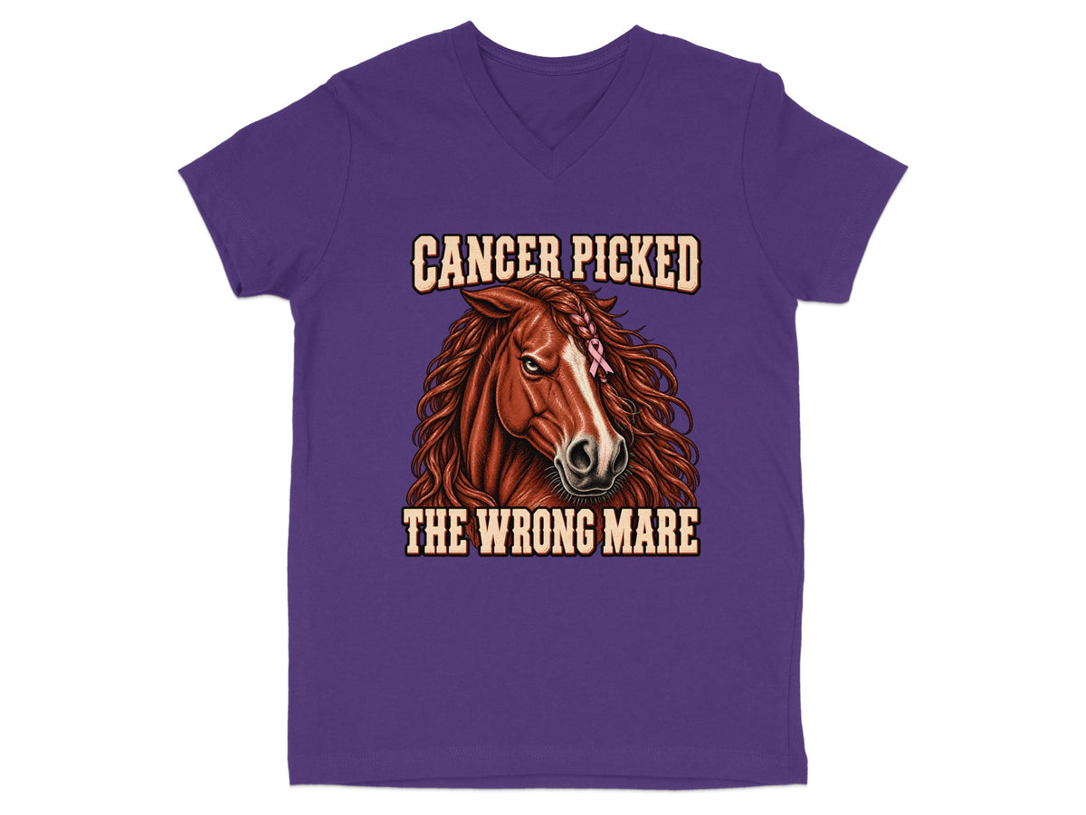 Purple t-shirt with a horse graphic and text that reads "Cancer Picked The Wrong Mare".