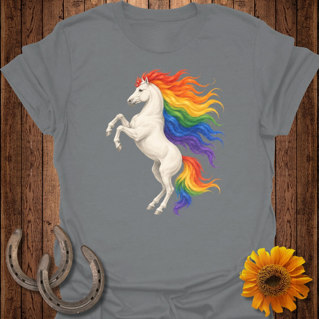 White unicorn with rainbow mane and tail rears up, surrounded by horseshoes and sunflower.