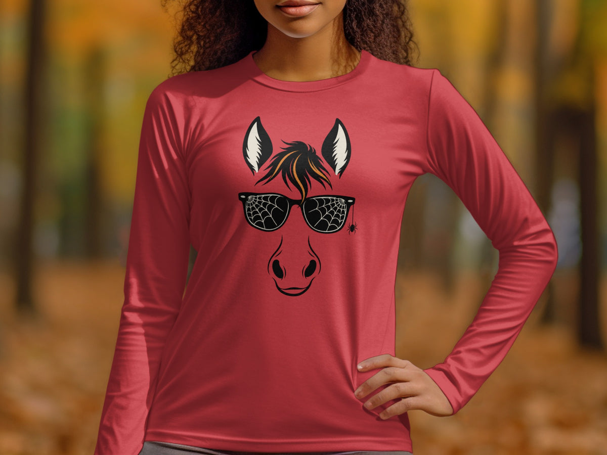 Red long-sleeve shirt with a horse face graphic wearing spiderweb sunglasses.