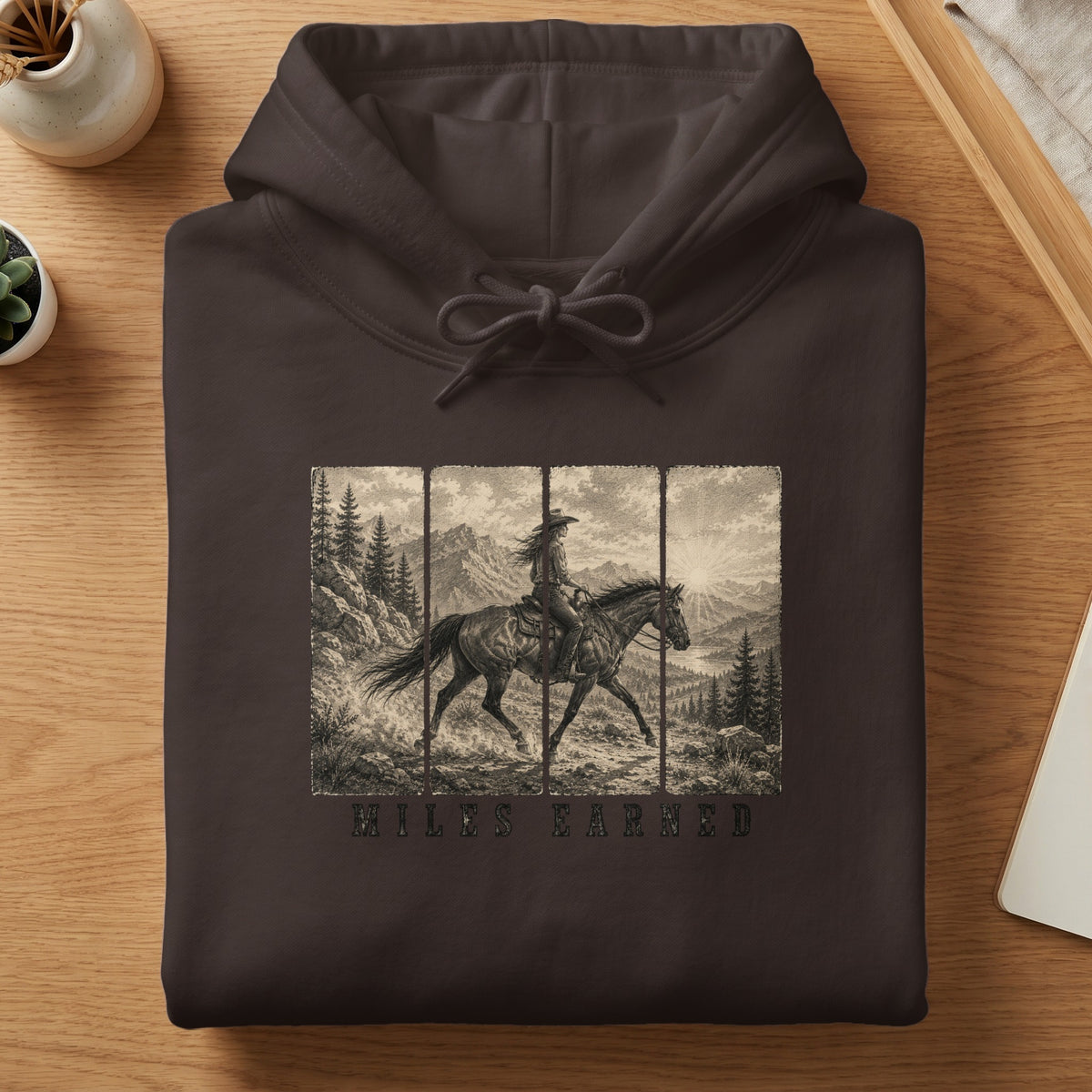 Dark brown hoodie with vintage horseback riding scene and "Miles Earned" text.