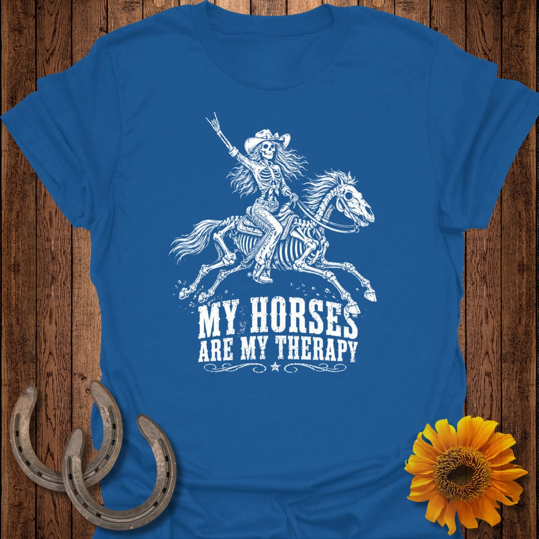 Skeleton rider on a horse with "My Horses Are My Therapy" text.