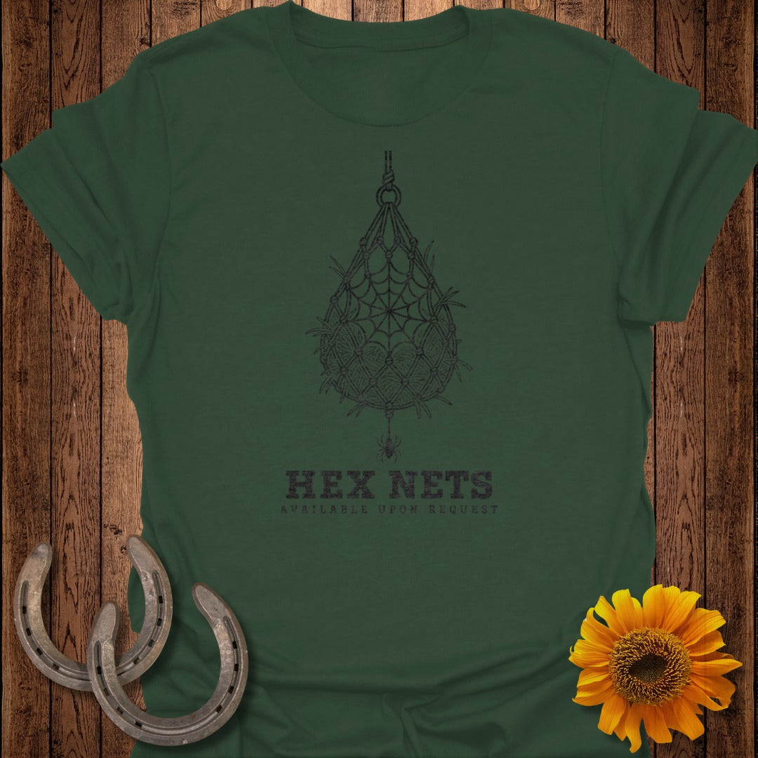 Dark green t-shirt with a hanging web design and "HEX NETS AVAILABLE UPON REQUEST" text.
