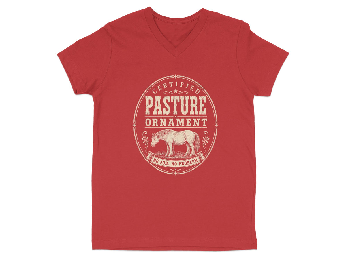 Red v-neck t-shirt with a circular graphic of a horse and text.