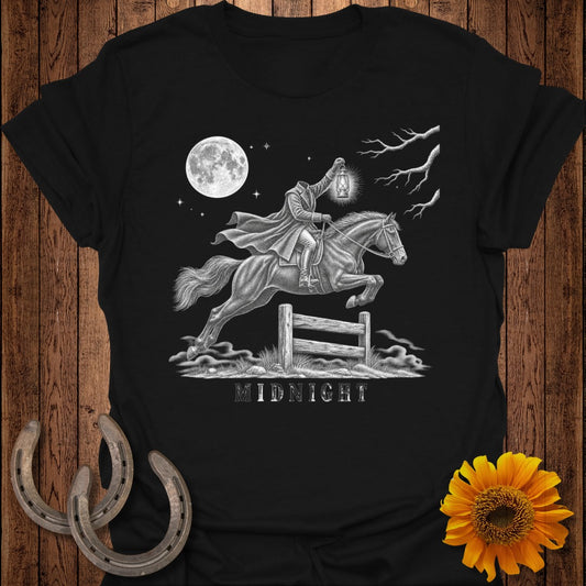 Headless Horseman with lantern jumps fence under full moon with "MIDNIGHT" text.