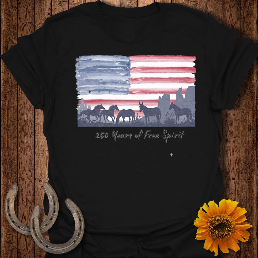 Black t-shirt with watercolor American flag, horses, and "250 Years of Free Spirit".