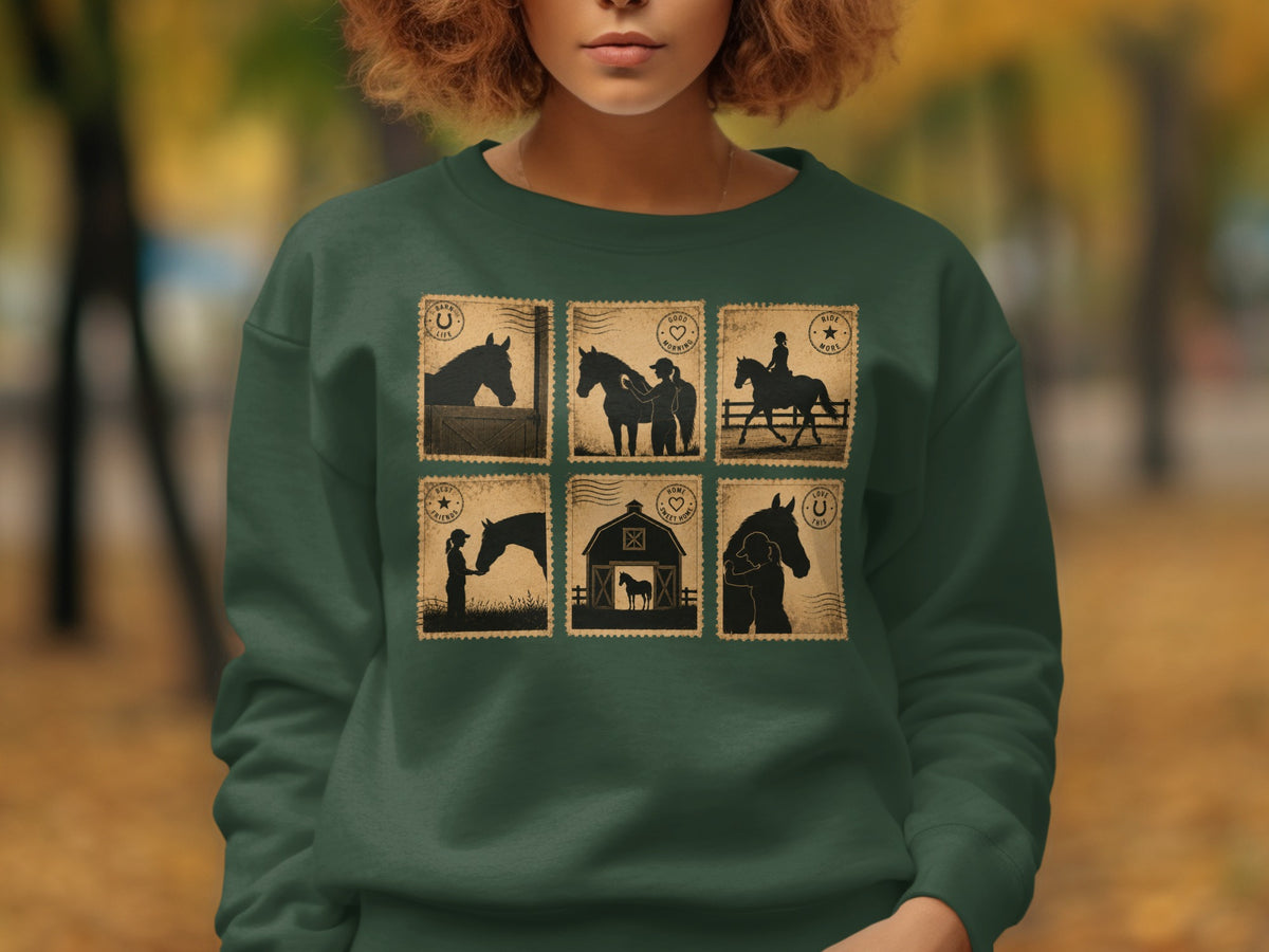 Dark green sweatshirt with postage stamp designs featuring horse silhouettes.