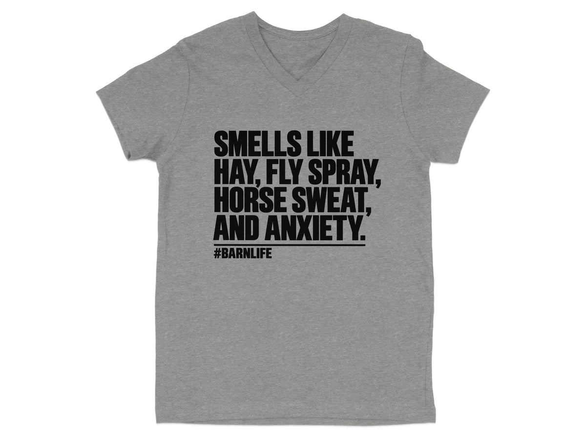 Grey v-neck t-shirt with black text: "SMELLS LIKE HAY, FLY SPRAY, HORSE SWEAT, AND ANXIETY. #BARNLIFE"
