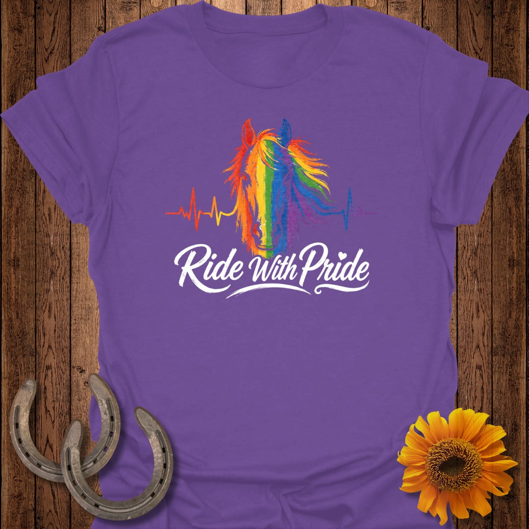 Purple t-shirt with rainbow horse and "Ride With Pride" text.