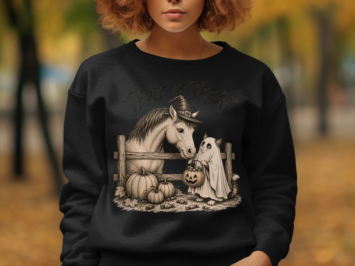 Black sweatshirt with "Trick or Treat" graphic of horse and cat.
