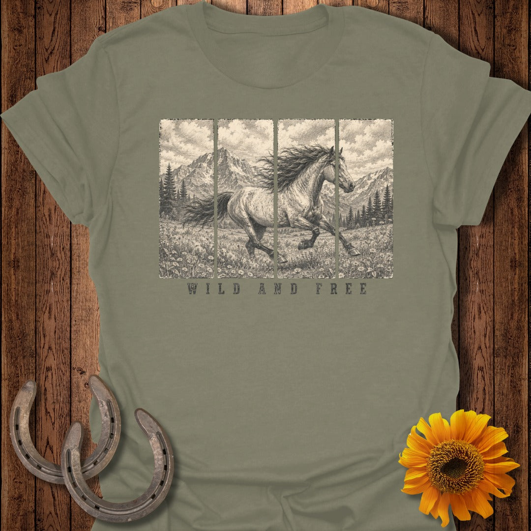T-shirt featuring a sketch of a running horse in a meadow with mountains and text "WILD AND FREE".