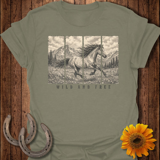 T-shirt featuring a sketch of a running horse in a meadow with mountains and text "WILD AND FREE".