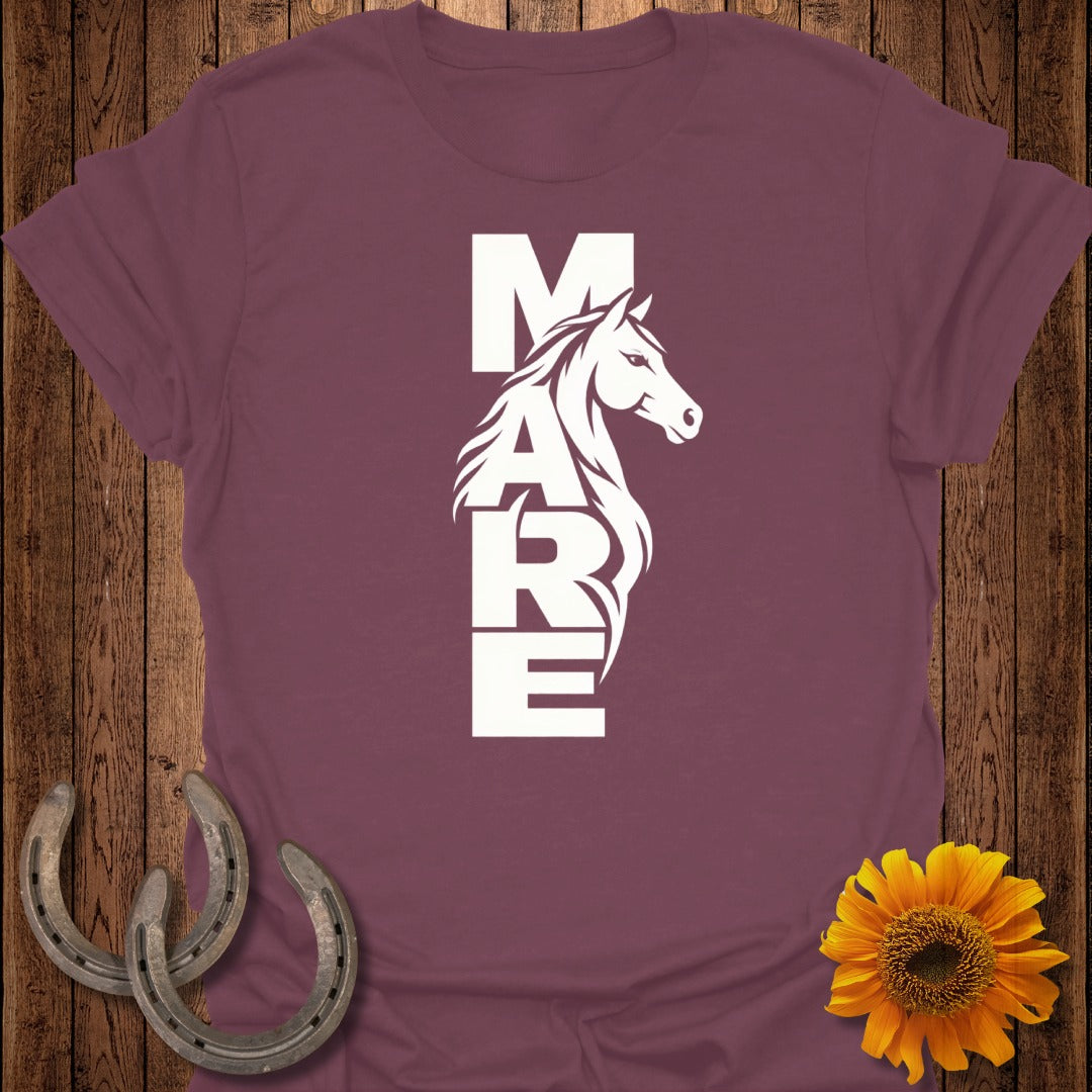 Maroon t-shirt with white "MARE" text and horse silhouette.