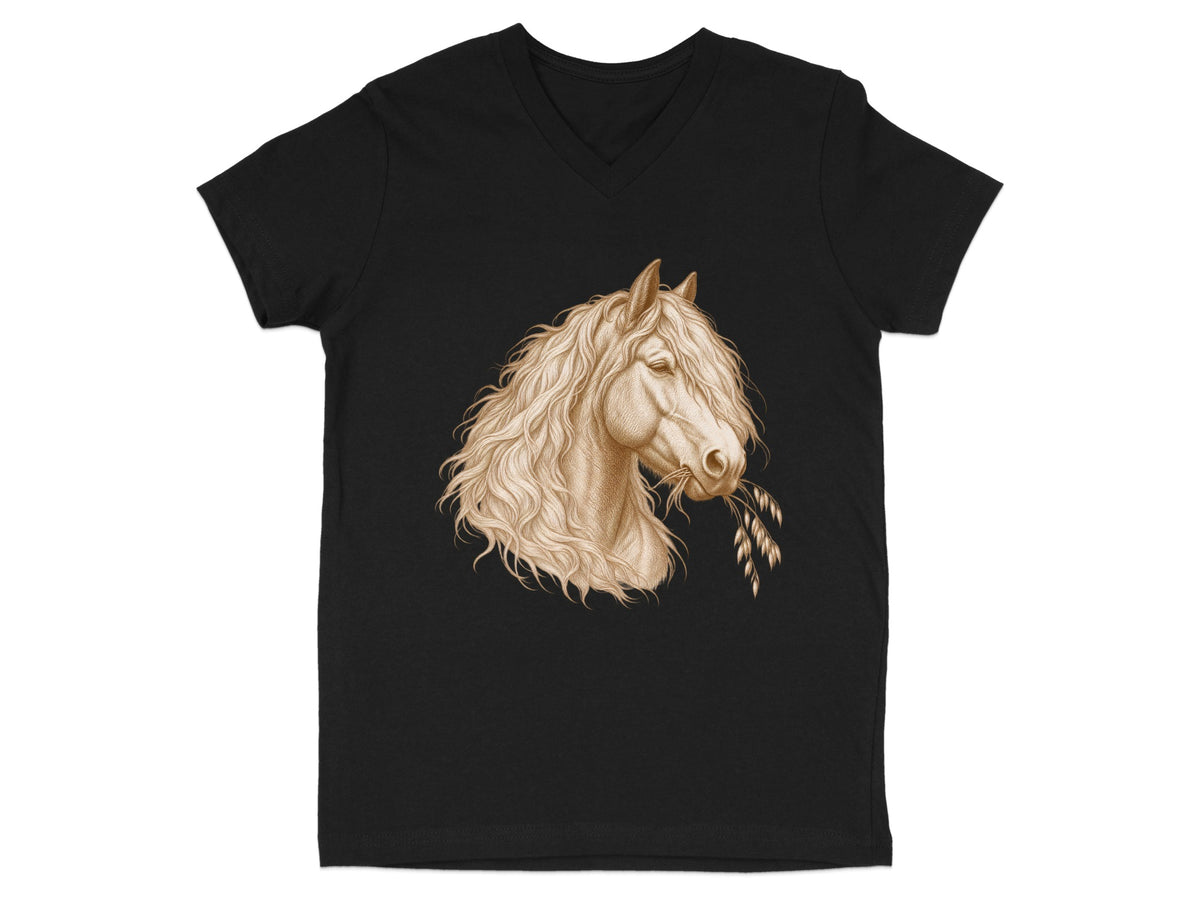Black v-neck t-shirt with a detailed sepia drawing of a horse's head eating oats.
