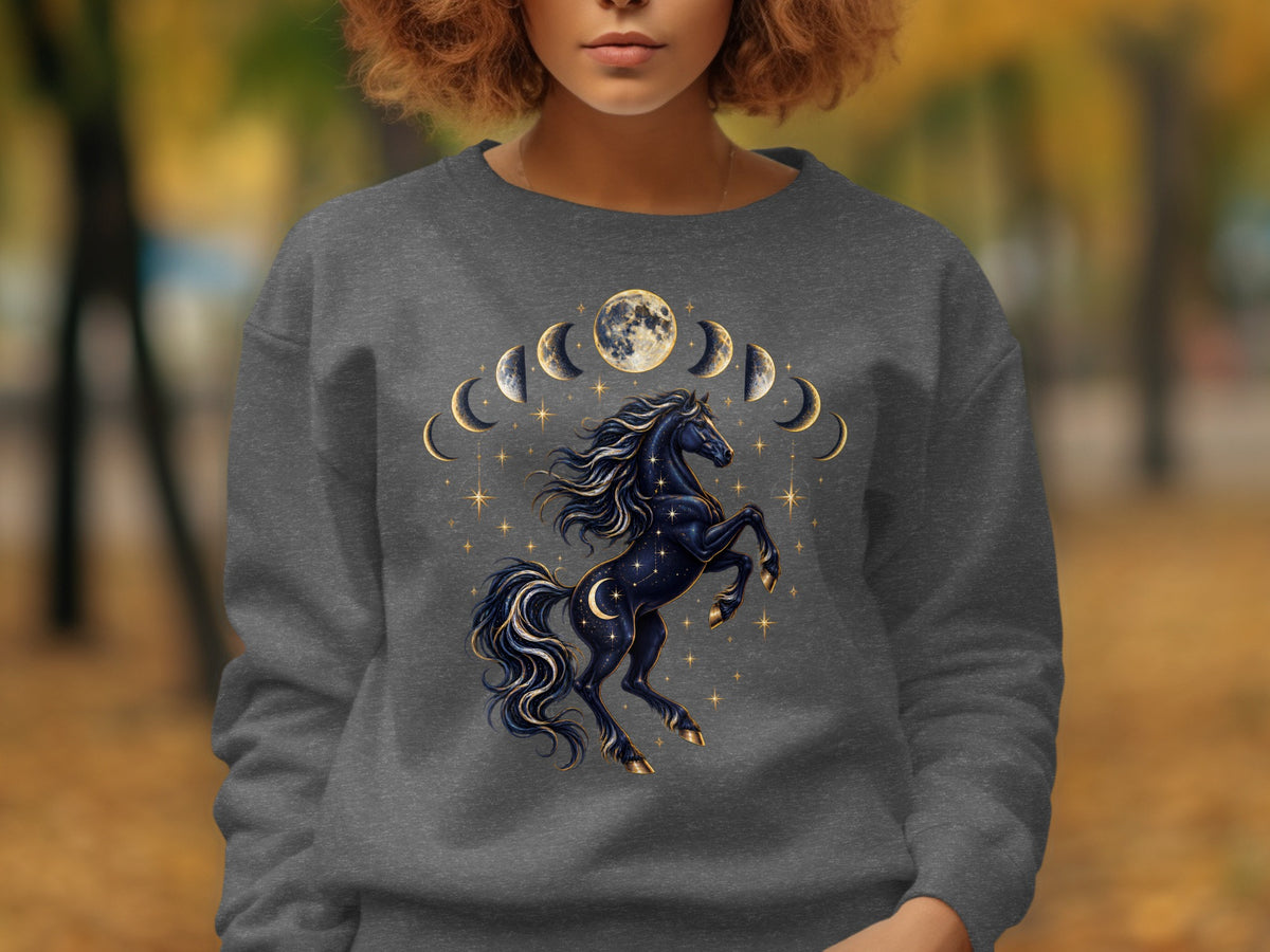 Dark gray sweatshirt with a celestial horse and moon phase design.