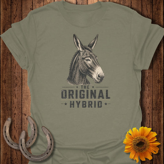 T-shirt with drawing of donkey head and text "THE ORIGINAL HYBRID".