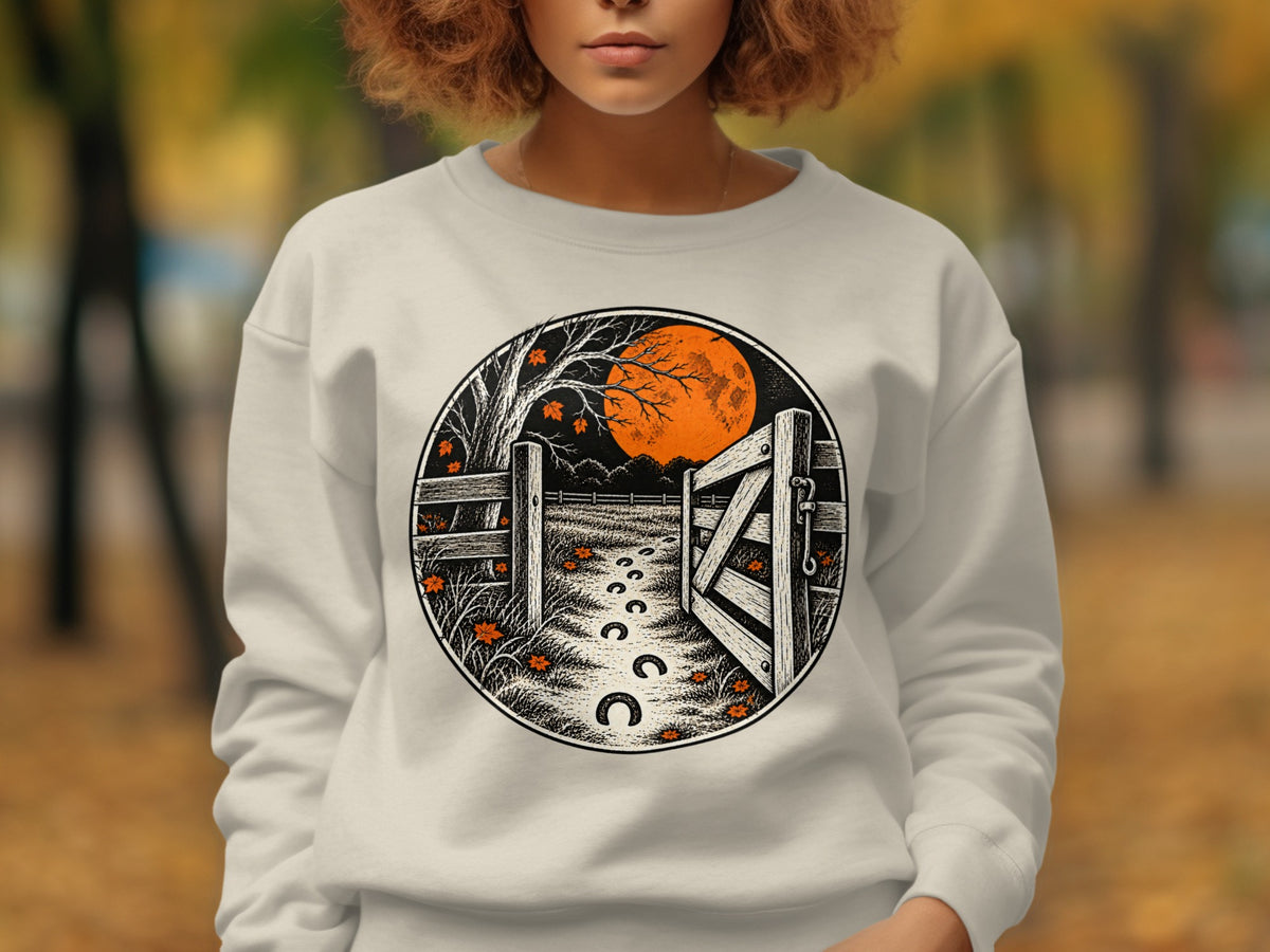 Crewneck sweatshirt with circular design of a gate, moon, and horseshoe footprints.