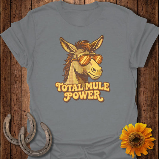 T-shirt featuring a cartoon mule with sunglasses and "Total Mule Power" text.