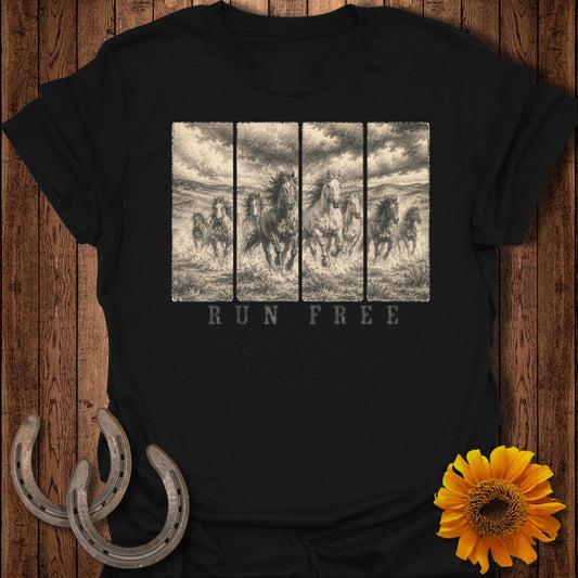 Black t-shirt with illustration of running horses and text "RUN FREE".