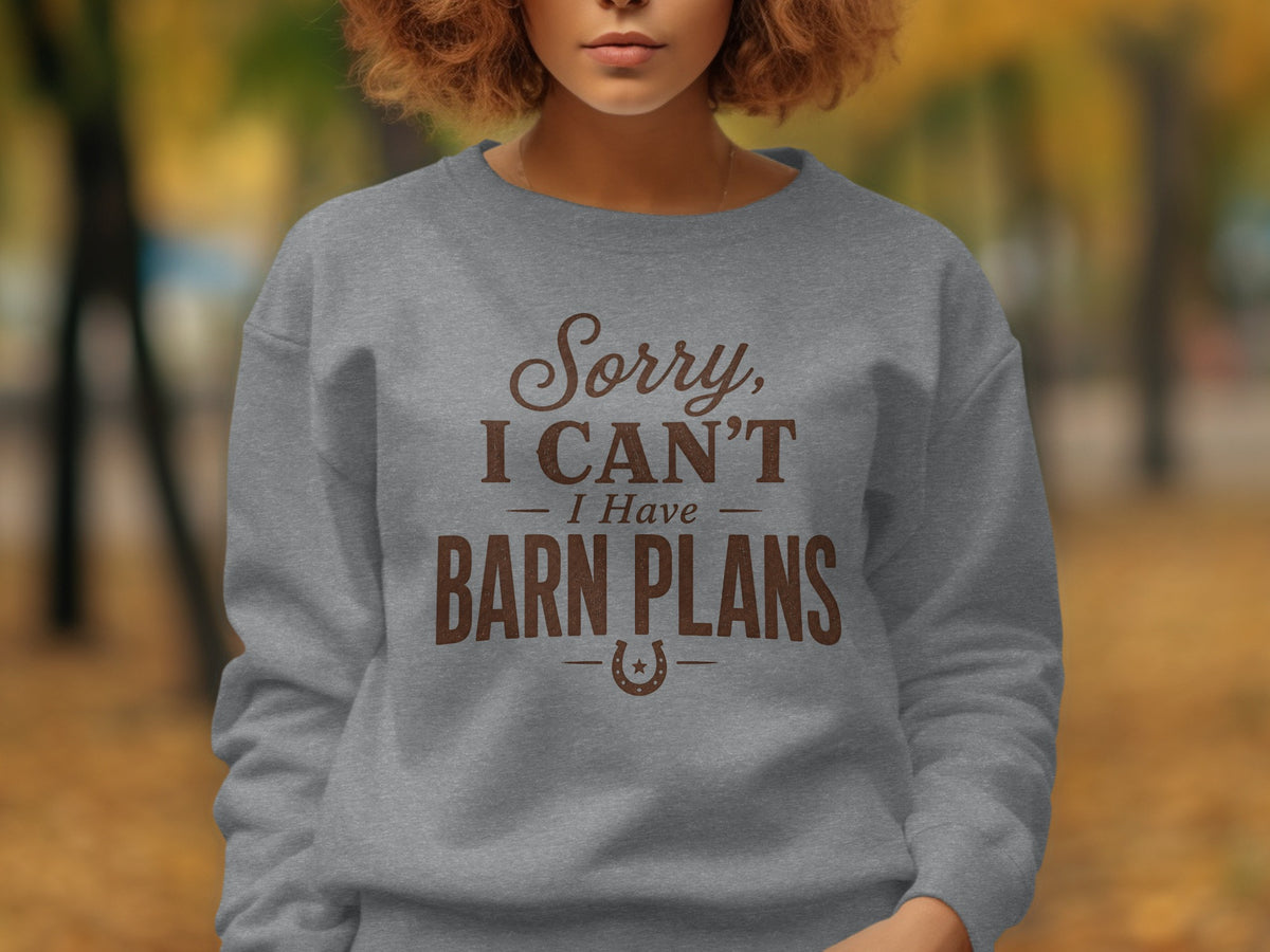Grey sweatshirt with "Sorry, I CAN'T - I Have - BARN PLANS" text and horseshoe graphic.