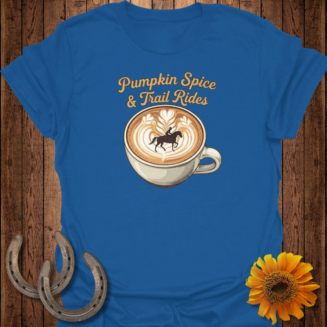 Blue t-shirt with "Pumpkin Spice & Trail Rides" and coffee with horse silhouette.