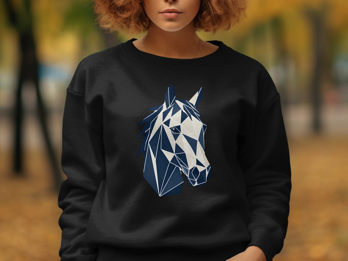 Black sweatshirt with a geometric dark blue and white horse head graphic.