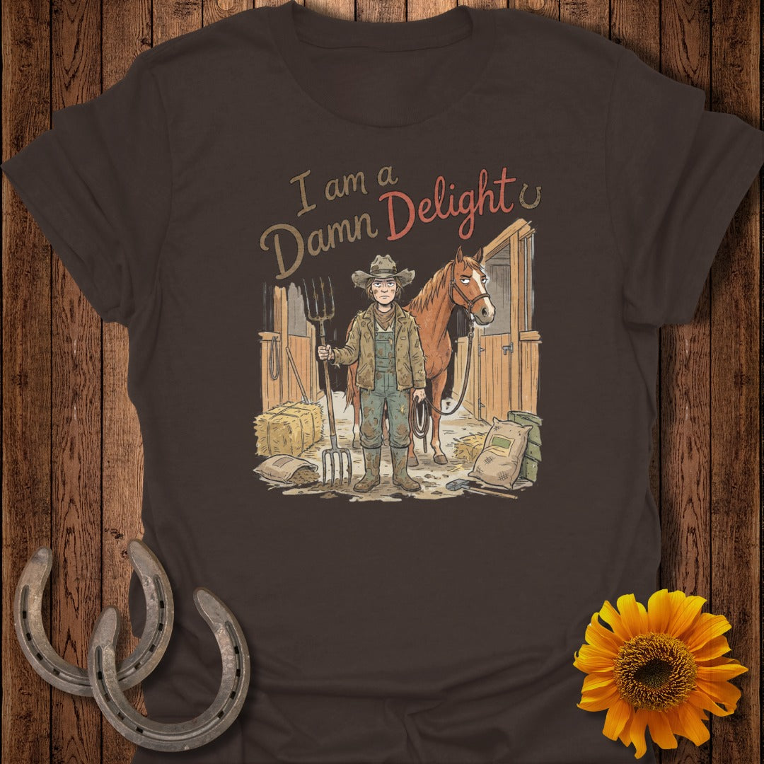 Woman in farm clothes holding pitchfork with horse in stable, text "I am a Damn Delight".