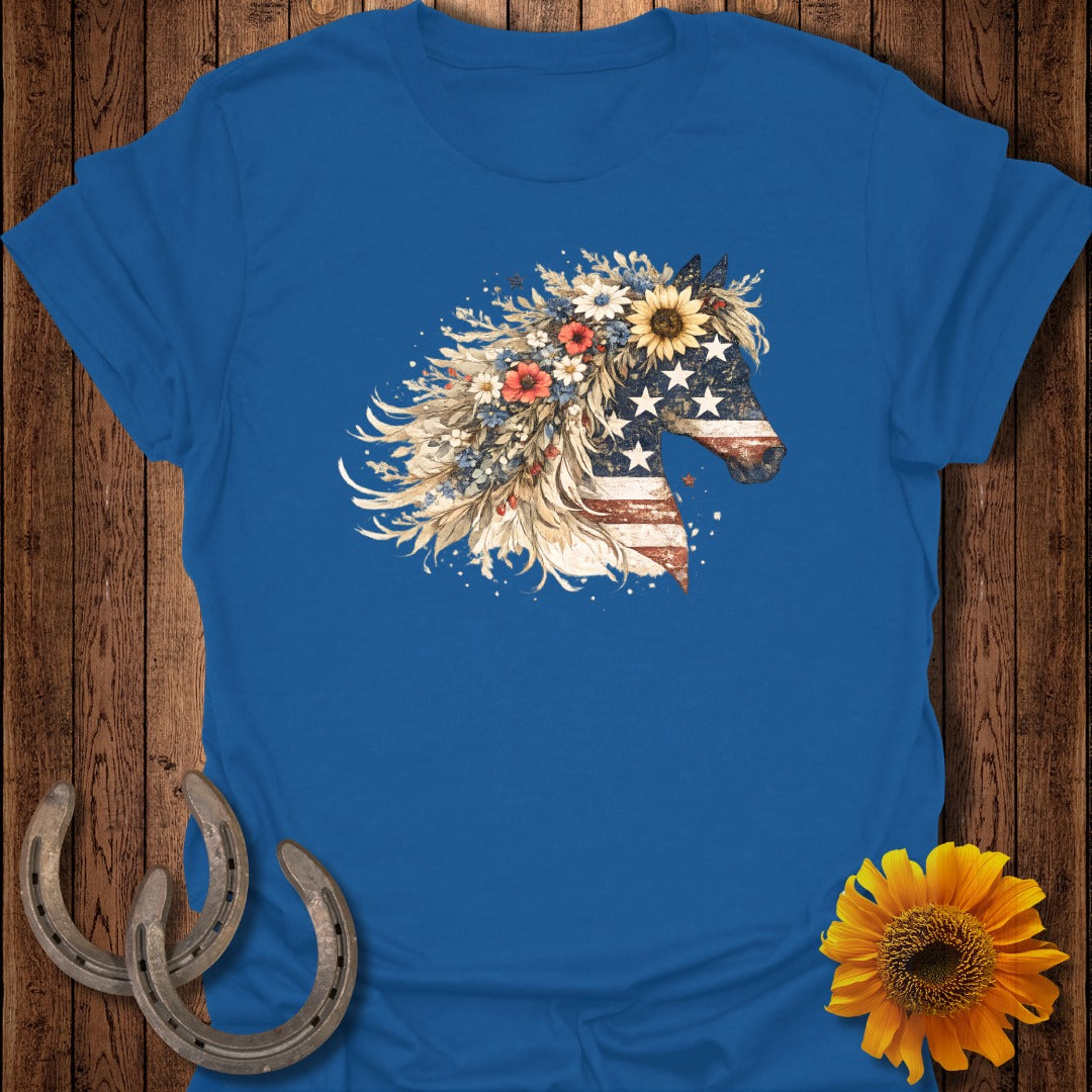 Blue t-shirt with a distressed American flag horse head floral design.