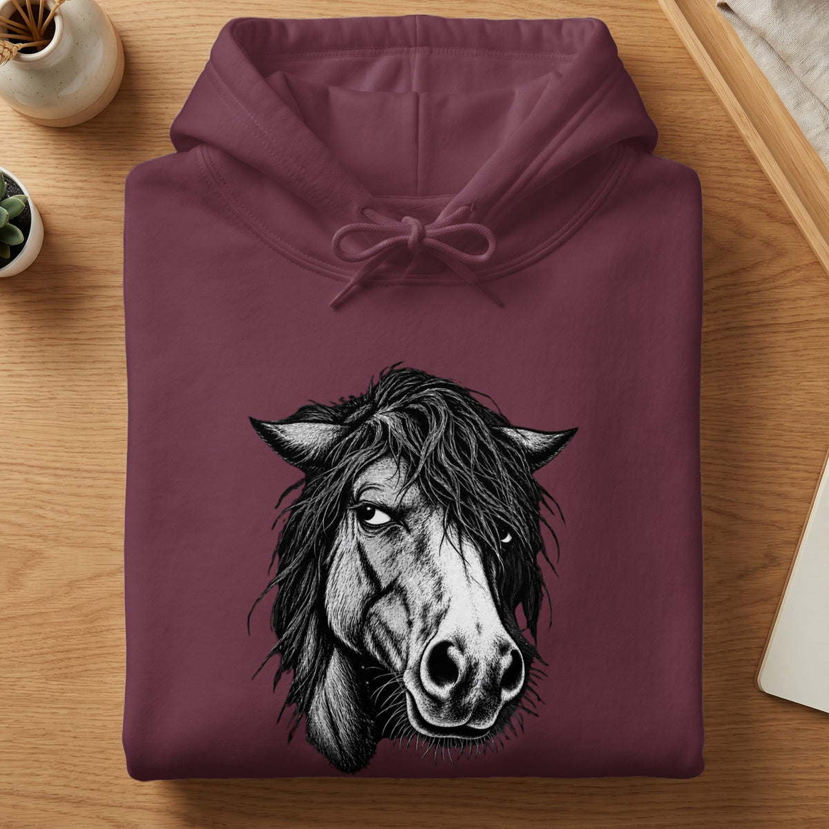 A folded maroon hoodie with a detailed black and white illustration of a horse head on the front.