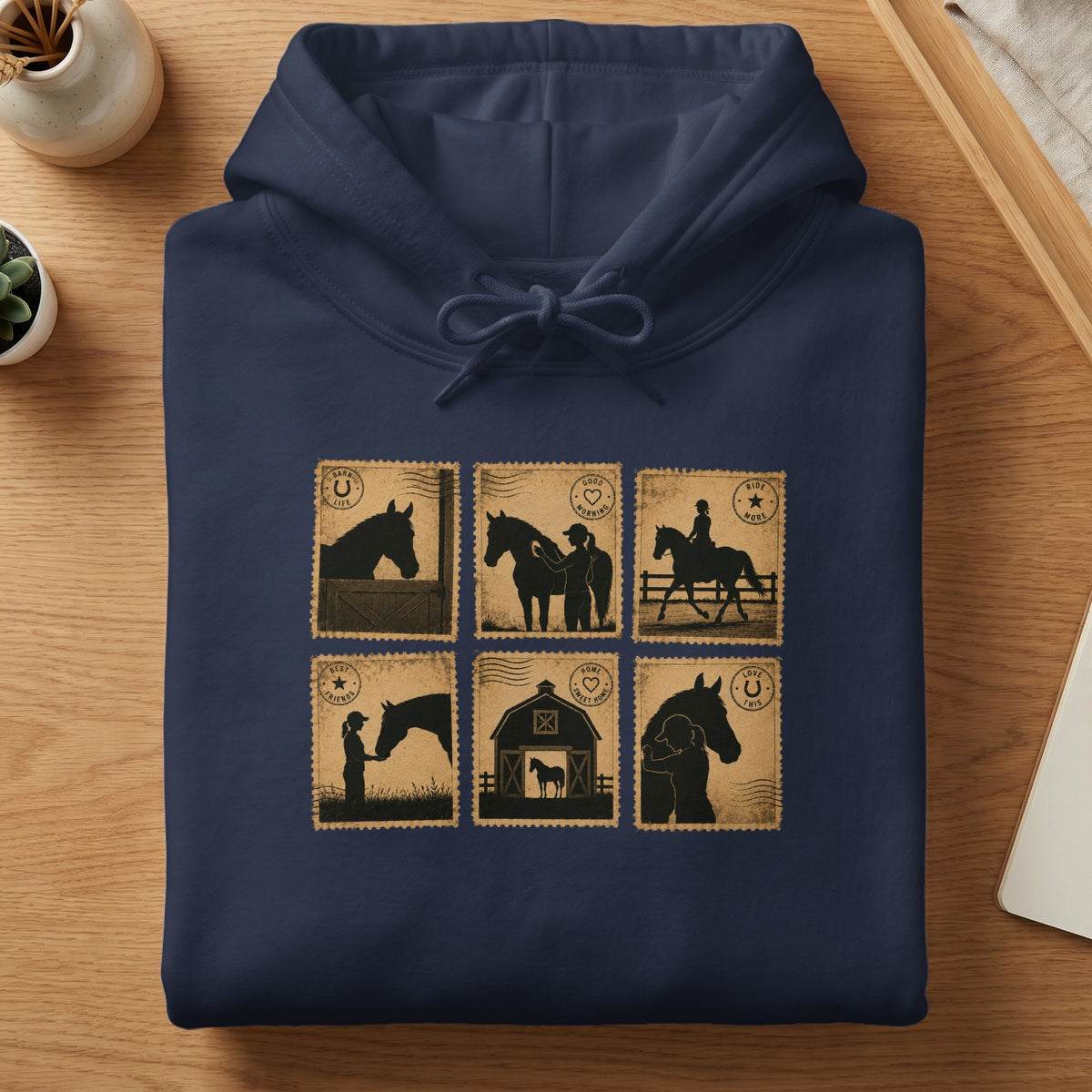 Navy hoodie with six postage stamp-style graphics of horses and riders.