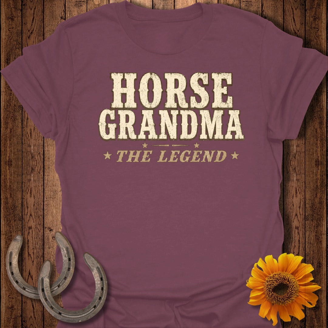 Maroon t-shirt with "Horse Grandma The Legend" text, horseshoes, and sunflower.