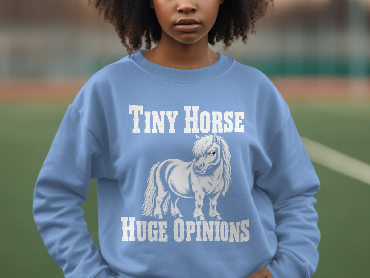 A person wearing a light blue crewneck sweatshirt with a graphic of a pony and the text Tiny Horse Huge Opinions.