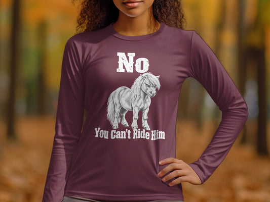 A person wearing a maroon long-sleeve shirt with white text reading No You Cant Ride Him alongside an illustration of a grumpy pony.