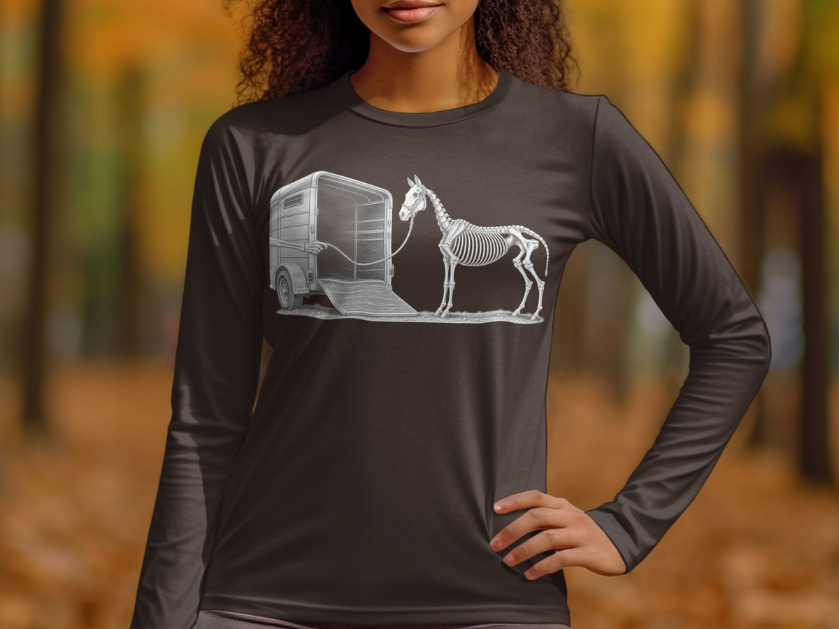 Horse skeleton leading a trailer with skeleton hands on a long-sleeve shirt.