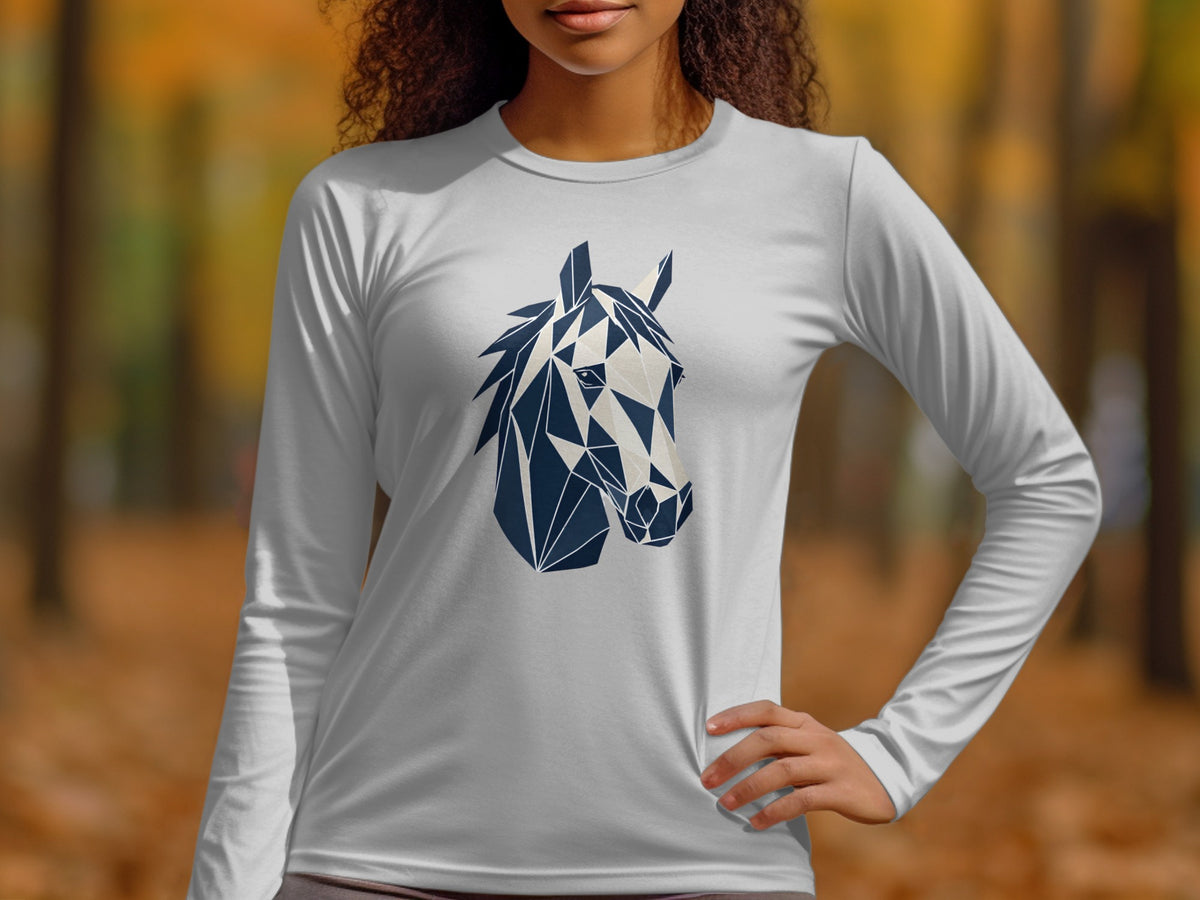 White long-sleeve shirt with geometric navy and beige horse head graphic.
