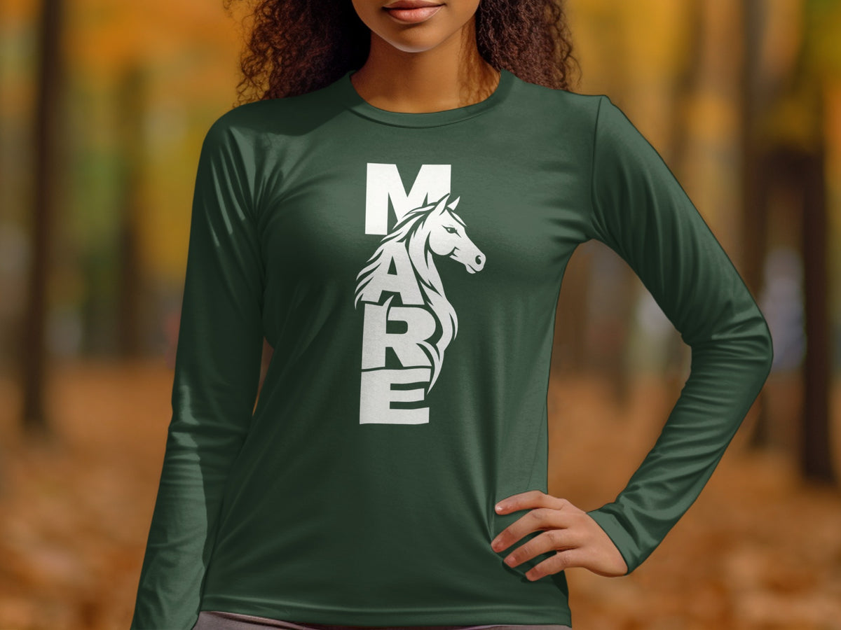 A person wearing a dark green long-sleeved shirt with the word MARE and a horse head in white.