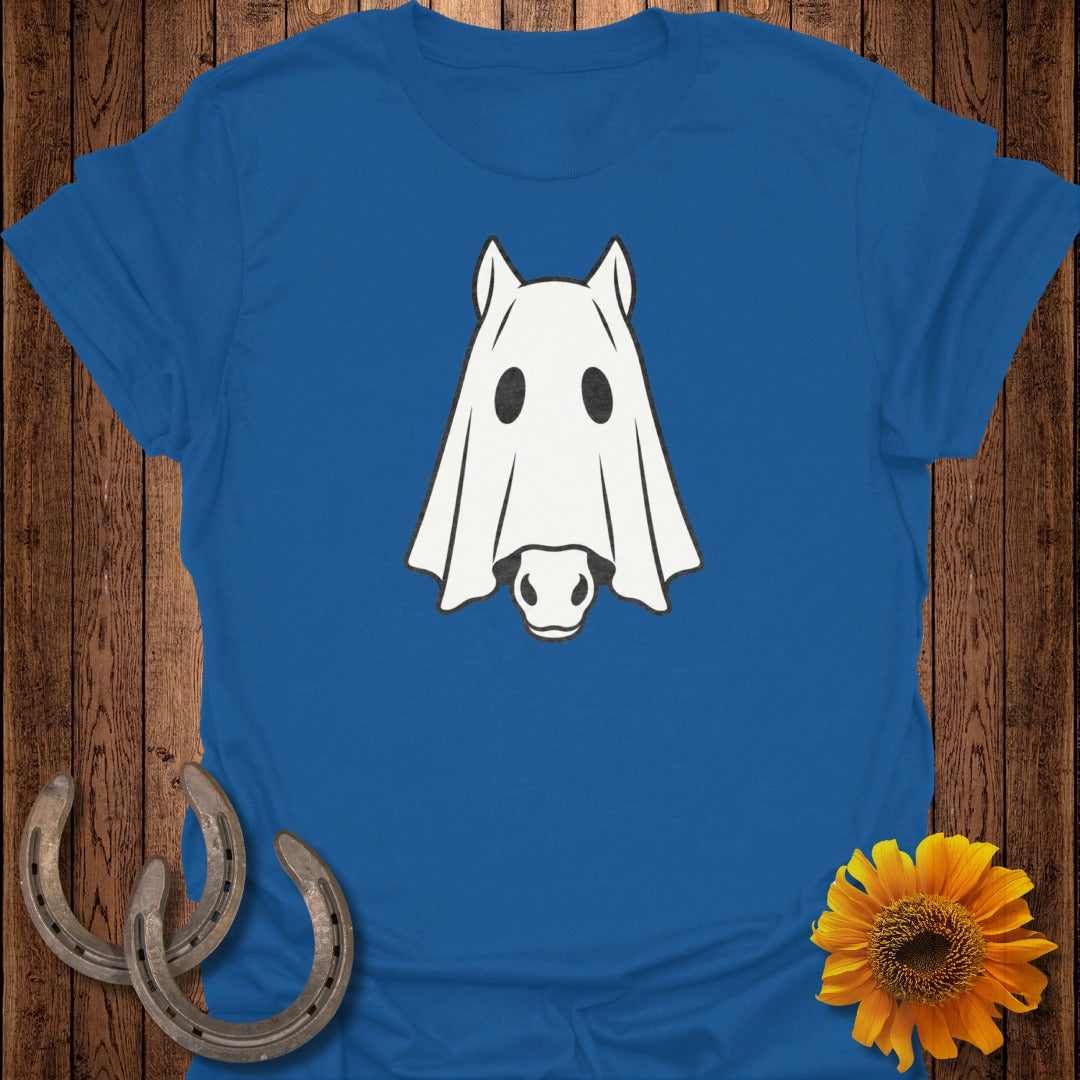 Blue t-shirt with a white ghost horse graphic, two horseshoes, and a sunflower.