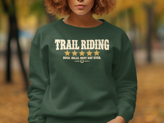 Dark green sweatshirt with "Trail Riding" and a horseshoe design.