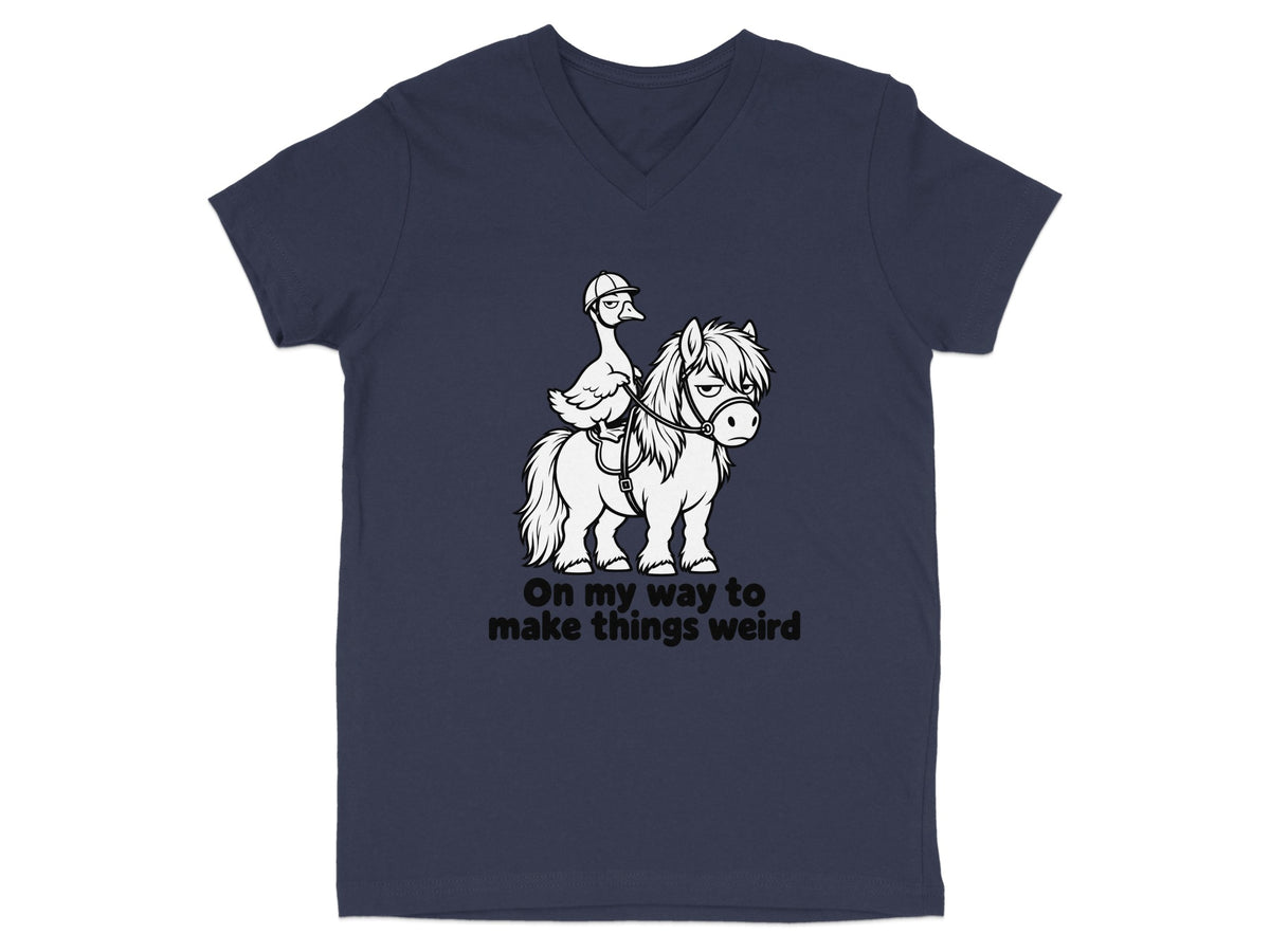 Line drawing of a duck on a pony with text "On my way to make things weird".