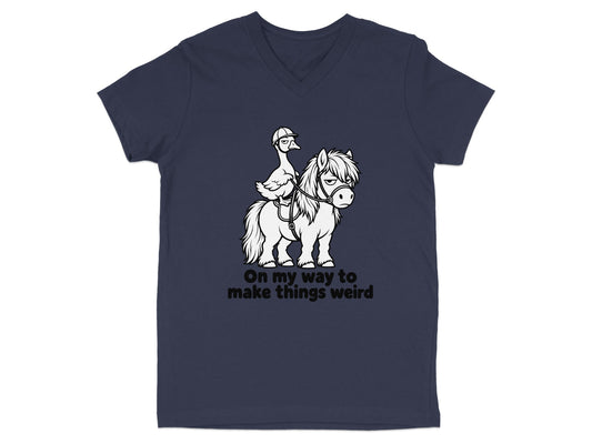 Line drawing of a duck on a pony with text "On my way to make things weird".