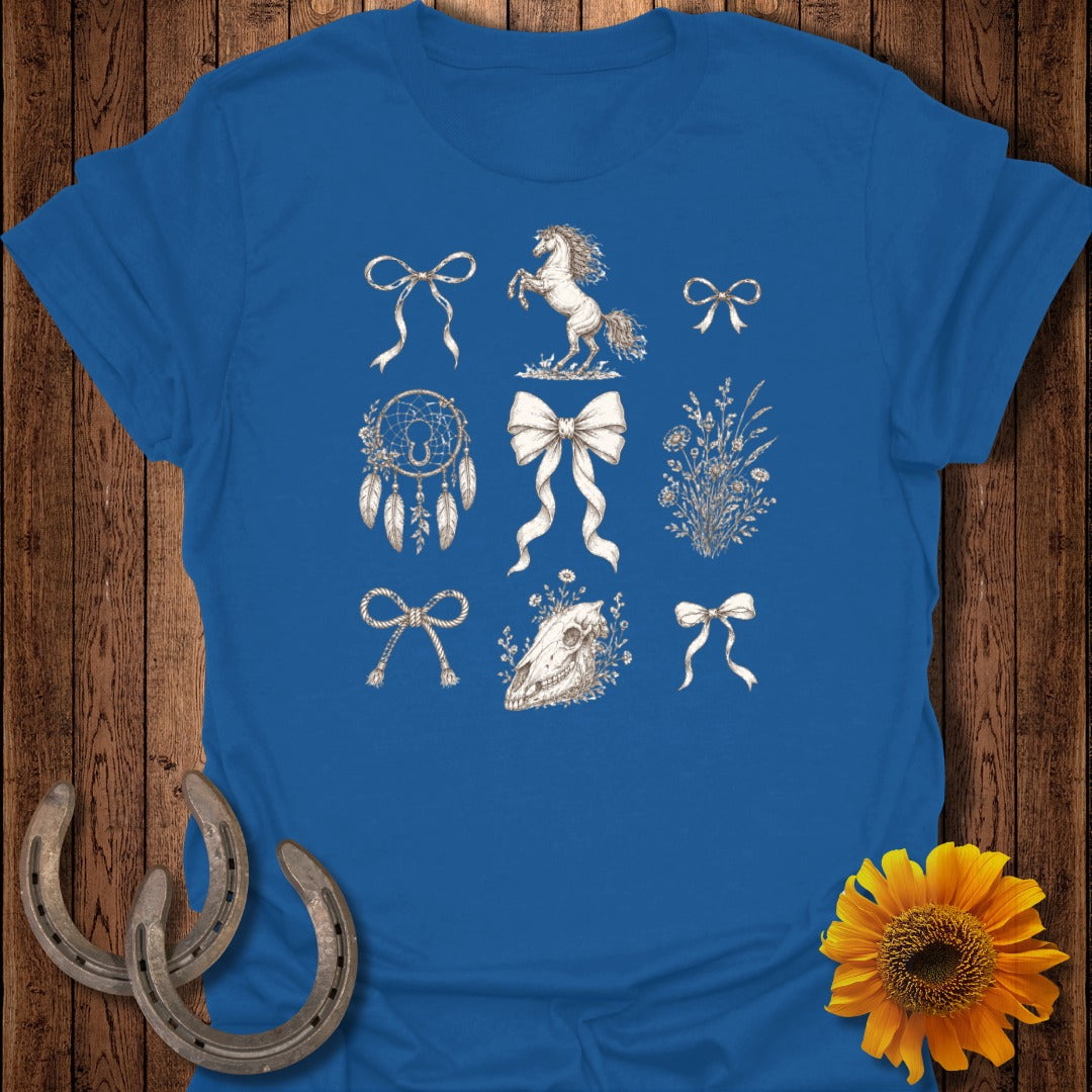 T-shirt with equestrian-themed illustrations including horses, bows, dreamcatcher, and skull.