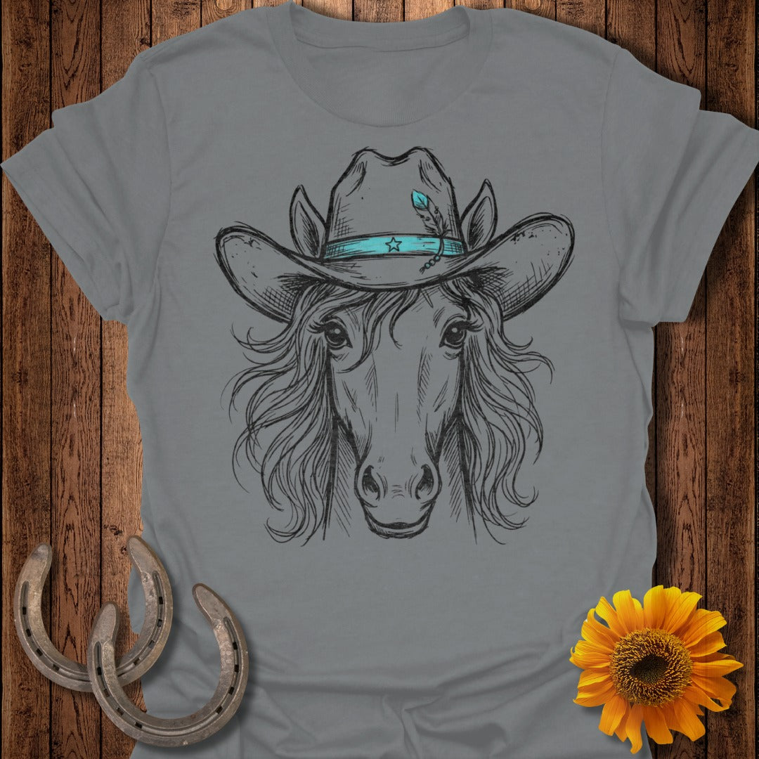 Gray t-shirt with a sketch of a horse wearing a cowboy hat and two horseshoes.