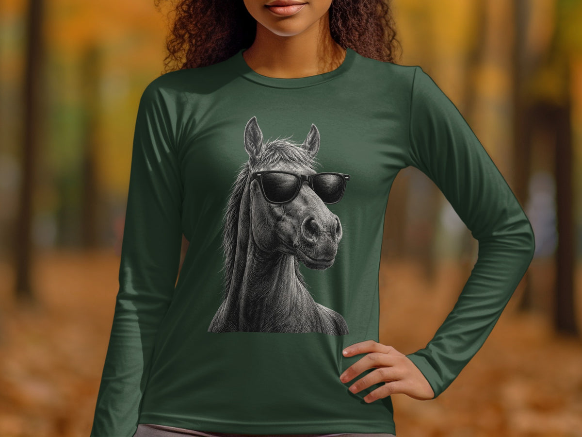 Dark green long-sleeve shirt with a charcoal drawing of a horse wearing sunglasses.