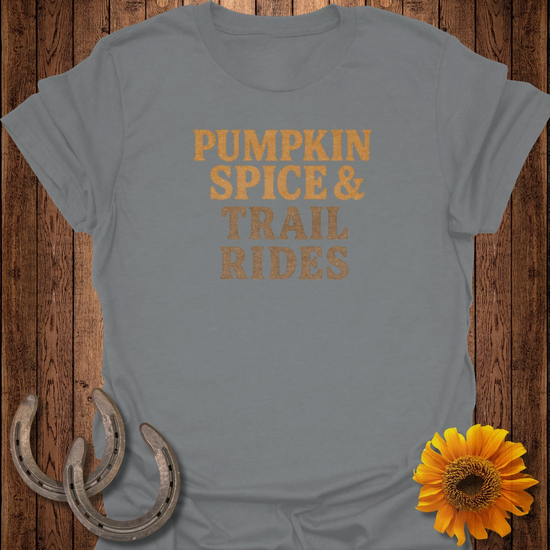 Grey t-shirt with "PUMPKIN SPICE & TRAIL RIDES" text, horseshoes, and sunflower.