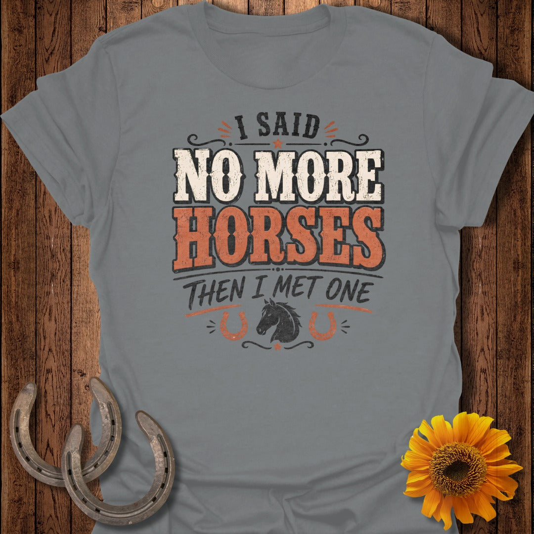Gray t-shirt with text "I said NO MORE HORSES then I met one" and horse graphic.