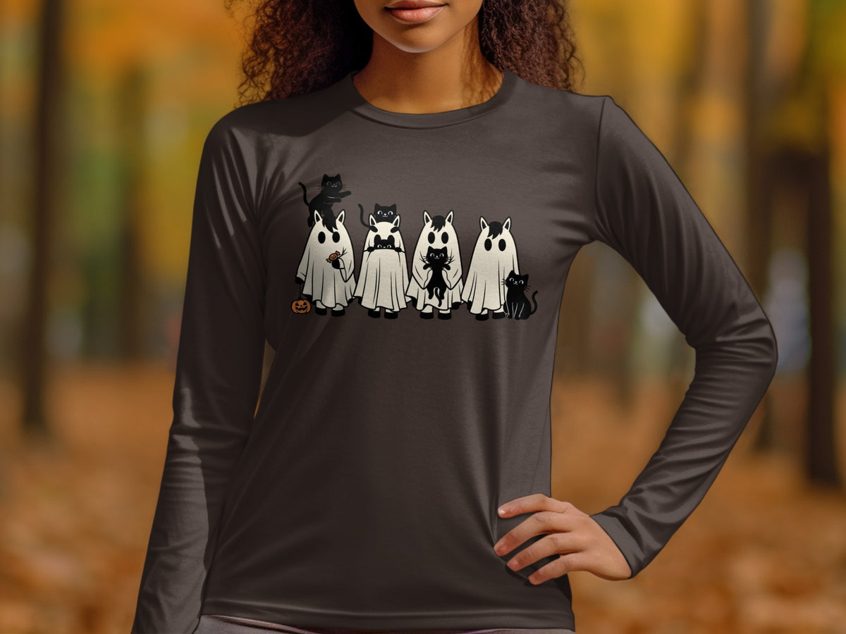 Black cats and ghosts illustration on a dark long-sleeve shirt.