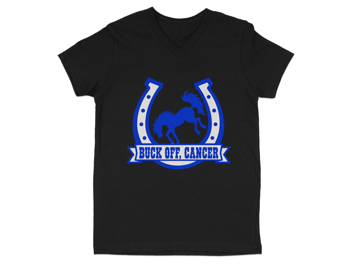 Black v-neck t-shirt with blue horseshoe, bucking horse, and "Buck Off, Cancer" text.
