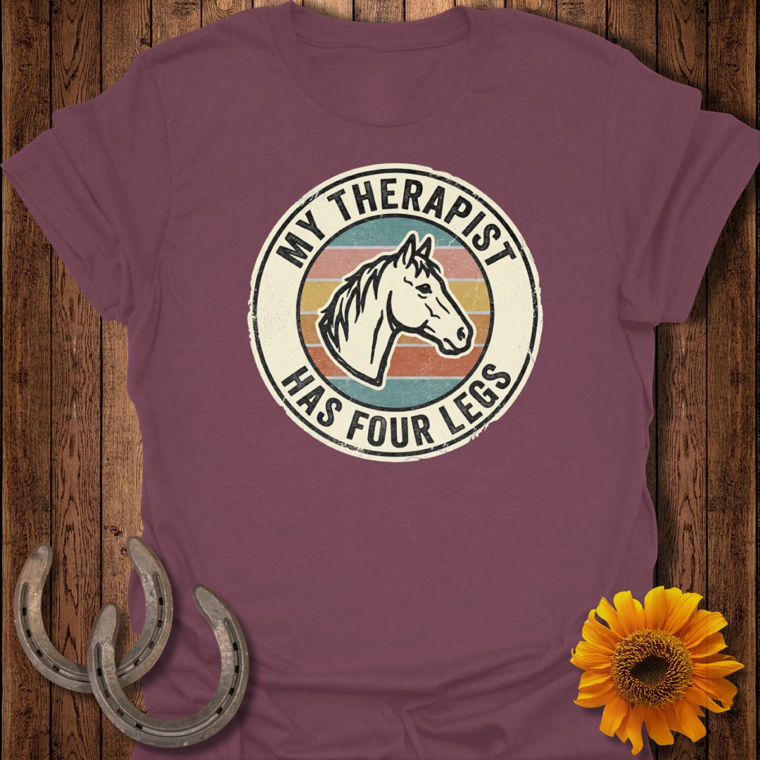 Maroon t-shirt with "My Therapist Has Four Legs" text and horse head graphic.