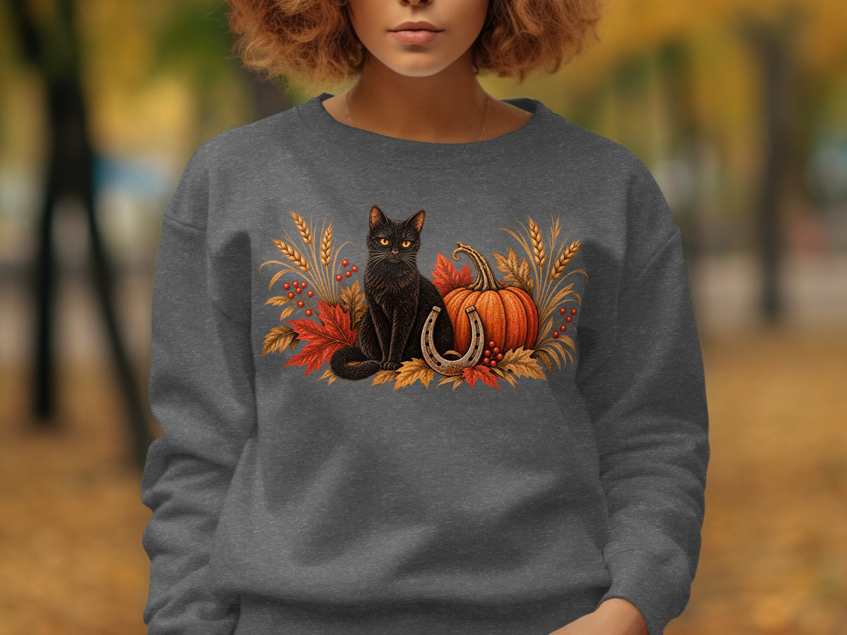 Black cat, pumpkin, horseshoe, and fall leaves graphic on a gray sweatshirt.