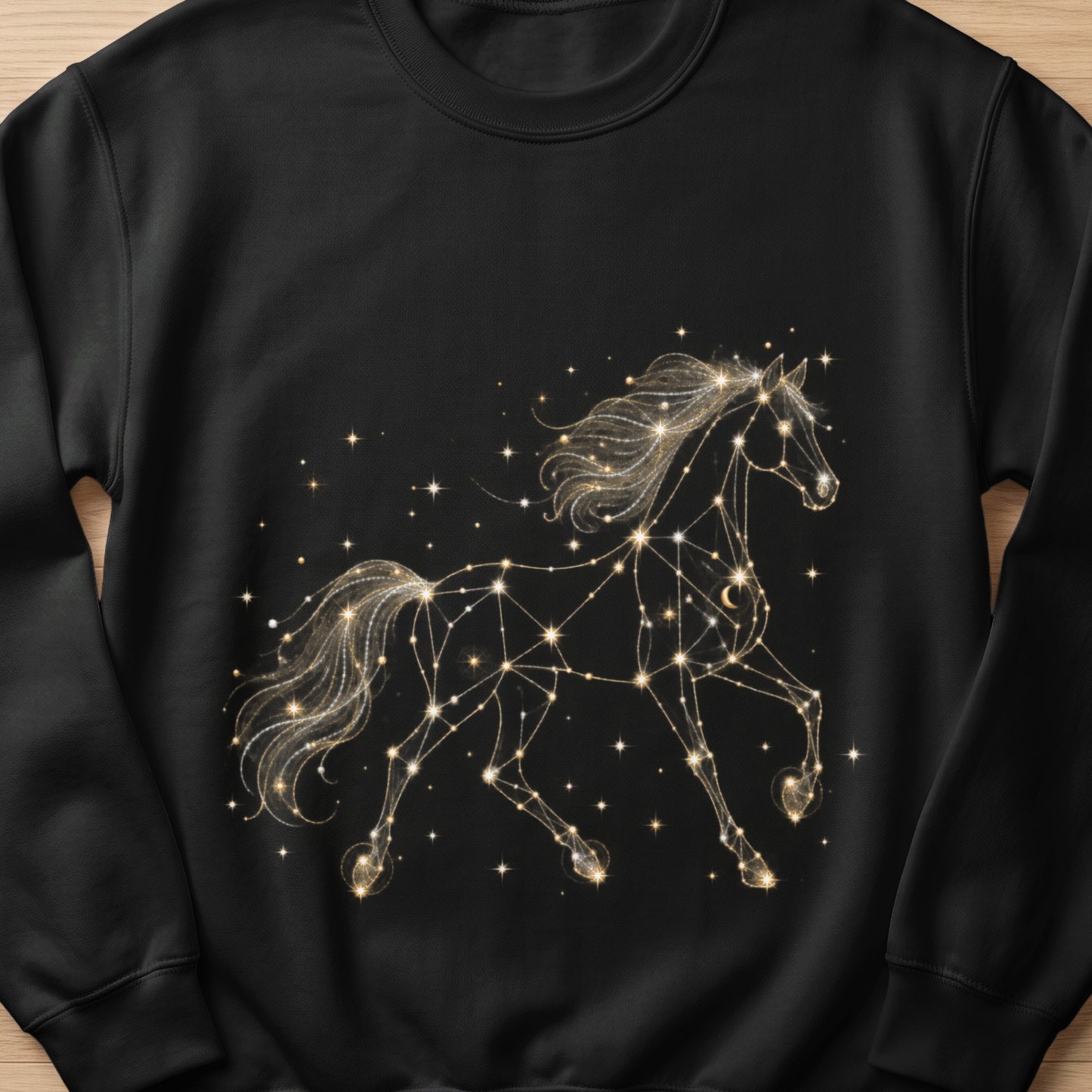 Black sweatshirt with glowing constellation horse and stars design.