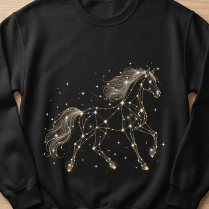 Black sweatshirt with glowing constellation horse and stars design.
